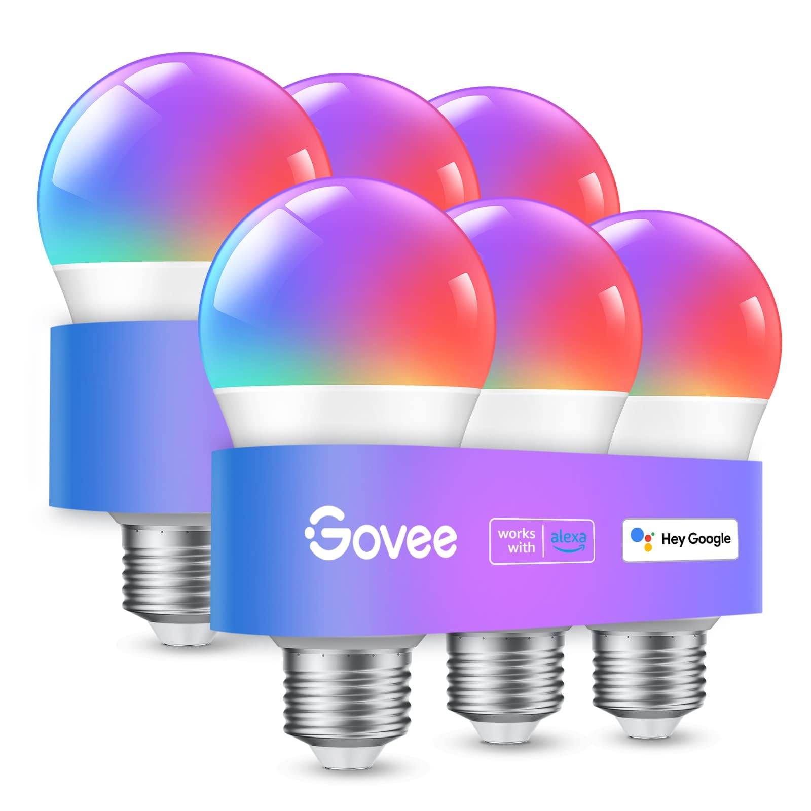Govee Smart Light Bulb E27, WLAN Lamp RGBWW Dimmable with 16 Million Colours, 54 Scenes, Alexa Accessories LED Smart Bulb Works with Alexa Google Assistant, Timer, Group Control, Pack of 6