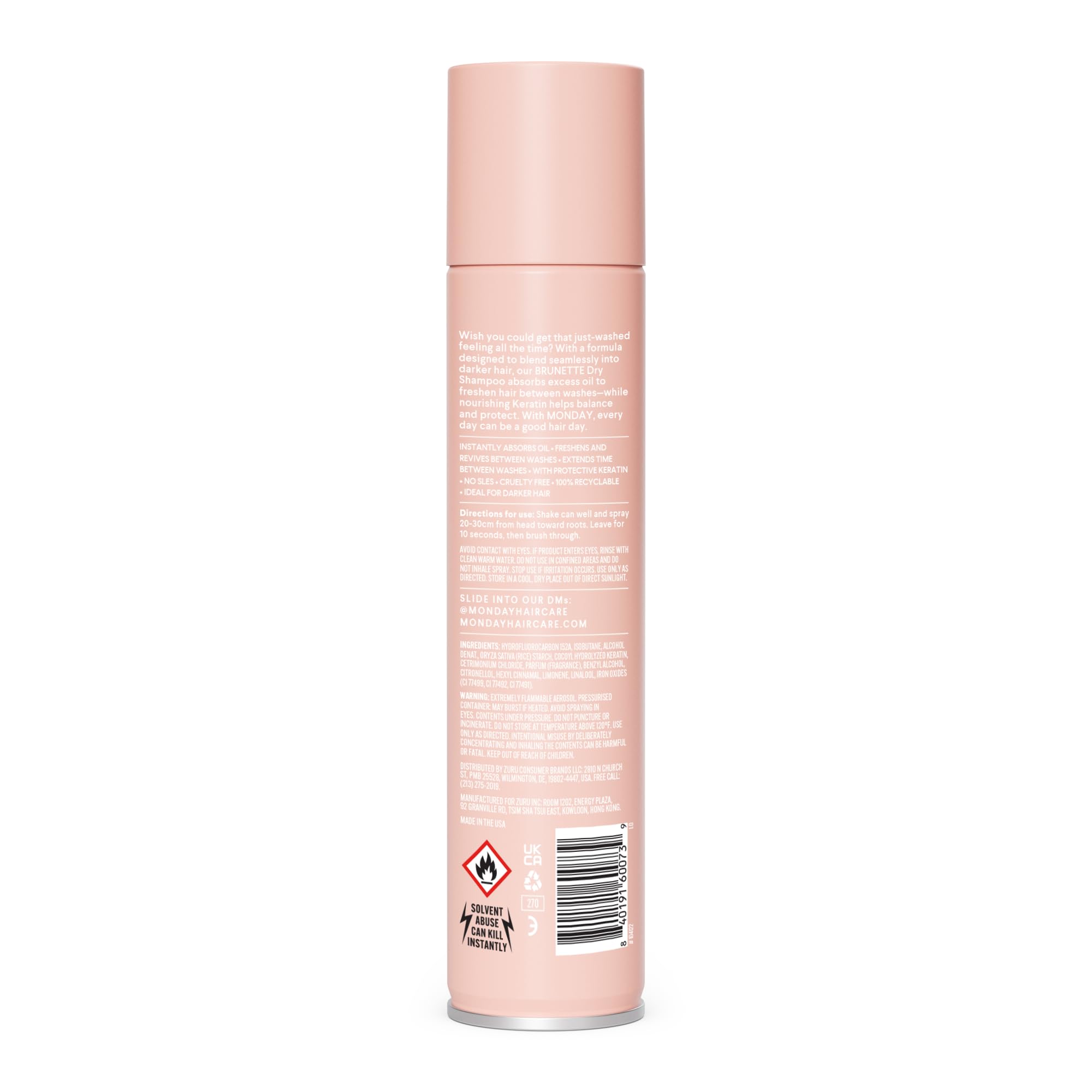 MONDAY HAIRCARE BRUNETTE Dry Shampoo with Keratin, oil-absorbing ideal for Darker Hair 200 mL