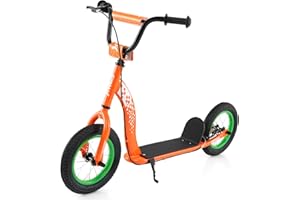 GYMAX Scooter, Kick Scooter for Adults, Teens, Kids with Adjustable Handlebar, 12” Inflatable Wheels, Front Caliper Brake & N
