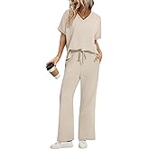 Sampeel Lounge Sets for Women V Neck Turn-UP Sleeves Tops Wide Leg Pants 2 Piece Sets Oversized Summer Vacation Outfits 2026