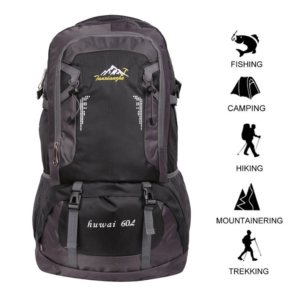 60 L Waterproof Ultra Lightweight Packable Climbing Fishing Backpack Hiking Daypack,Internal Frame Backpack,Handy Foldable Camping Outdoor Backpack Bag with a Rain Cover (Black, 60L)