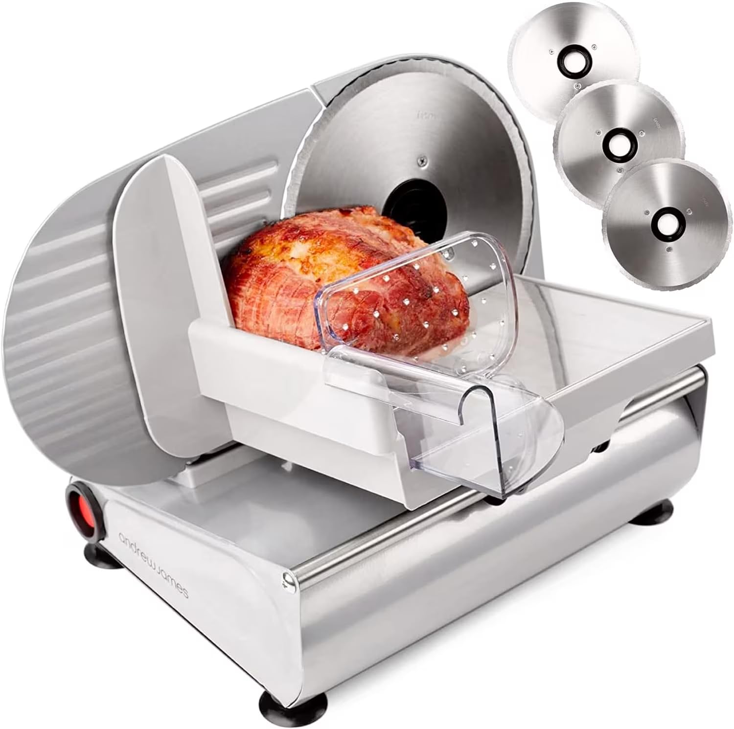 Andrew James Meat Deli Slicer Electric Cutter for Bread Meat Cheese & Other Food | 3 Interchangeable 19cm Blades | Plastic Pusher Blade Guard | Non-Slip Feet | 150W