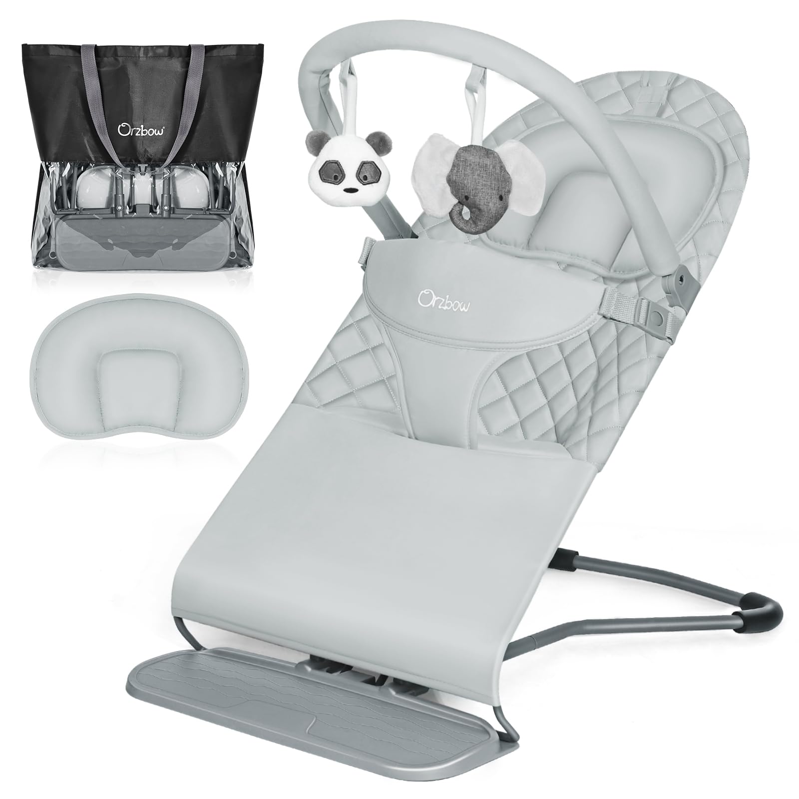 Photo 1 of Orzbow Portable Baby Bouncer, Foldable Baby Bouncer Seat with Storage Bag and Removable Play Bar, 3 Recline Positions, 0-12 Months Up to 20lbs, Ergonomic Design with Comfortable Headrest, Gray