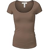 Active Basic Womens Plain Basic Deep Scoop Neck with Cap Short Sleeves - Mocha - Small