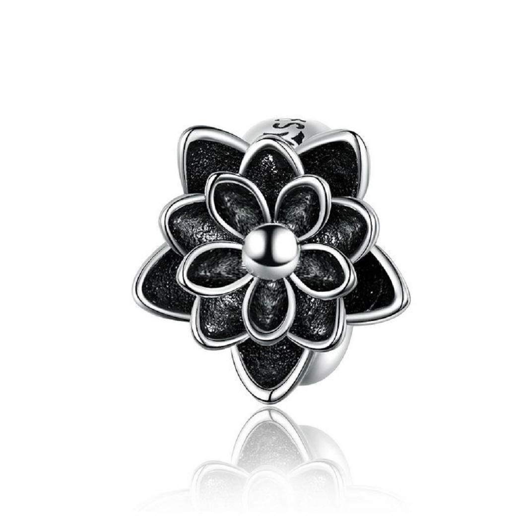 FeatherWish 925 Sterling Silver Vintage Retro Style Flower lotus Orchid Daisy Rose Flower Bloom Stopper Bead Charm Fits And Compatible With Pandora Bracelets Gift Birthday Women Mum Sister Friend Wife
