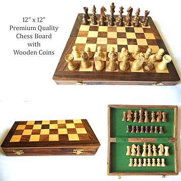 Onex 12x12 inch Premium Quality Foldable Wooden Chess Board with Wooden Coins.