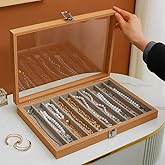 MIOINEY Glass Lid Necklace Organizer Box Transparent Necklace Holder Organizer Velvet Necklace Display Box Clear Lid Jewelry Storage Stackable Necklace Display Case for Women Girls (Style A)