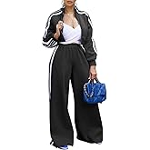 Akmipoem Sweatsuits Women 2 Piece Outfit Striped Tracksuit Long Sleeve Zipper Crop Sweatshirt Wide Leg Sweatpants Set