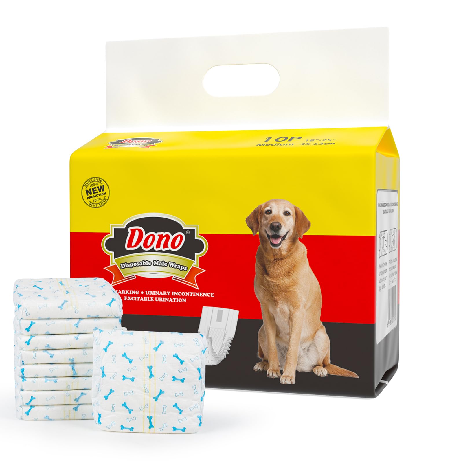 Dono Dog Nappies Male,Male Dog Wraps with Wetness Indicator,Disposable Dog Belly Bands for Puppies,Super Absorbent&Leak-proof,Puppy Nappies for Incontinence,Marking Issues,Traveling (M, 10 Count)