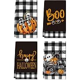 Artoid Mode Pumpkin Ghost Halloween Kitchen Towels Set of 4 18x26 Inch | Buffalo Plaid Boo Truck Hand &amp; Dish Towels,Ultra Absorbent,Seasonal Farmhouse Decoration