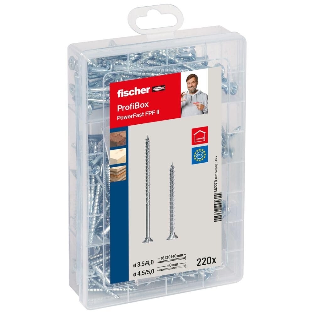 fischer Meister-Box PowerFast II Chipboard Screw, Presorted Assortment Box with 220 Blue-Galvanised Screws, Countersunk Head, PZ Drive, Partial Thread and Full Thread, Universal Set for Mounting — image 1
