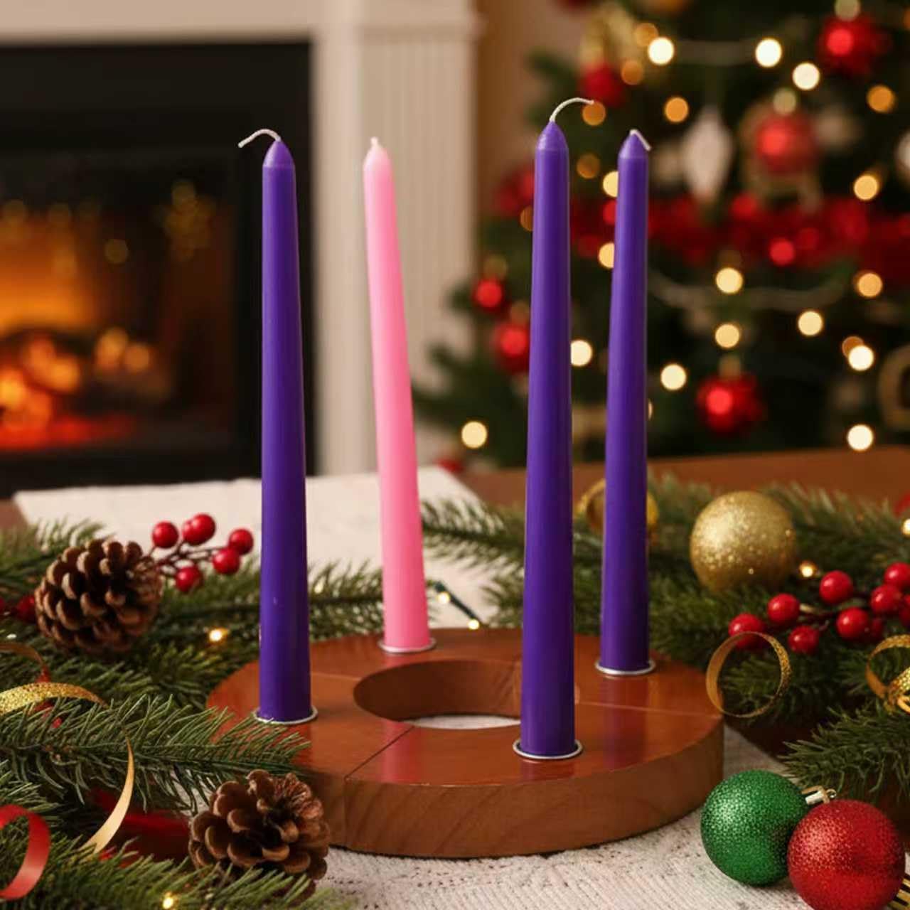 Photo 1 of **SIMILAR TO STOCK IMAGE, SEE LIVE PHOTOS** 4 Pcs Advent Candles Holder with 4 Taper Candle Brown Nativity Advent Wreath Christmas Wreath Ring Season Centerpiece Decor Christmas Candles Decorations Centerpiece Decorations (8, Brown)
