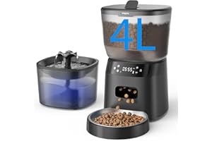 CORGOTE Automatic Cat Feeder and Water Fountain, 4L/16 Cups Timed Cat Dry Food Dispenser, 10s Meal Call, 20 Portions 6 Meals Per Day, 2L Cats Fountains for Drinking with Filter, Pet Feeder for Dog Black