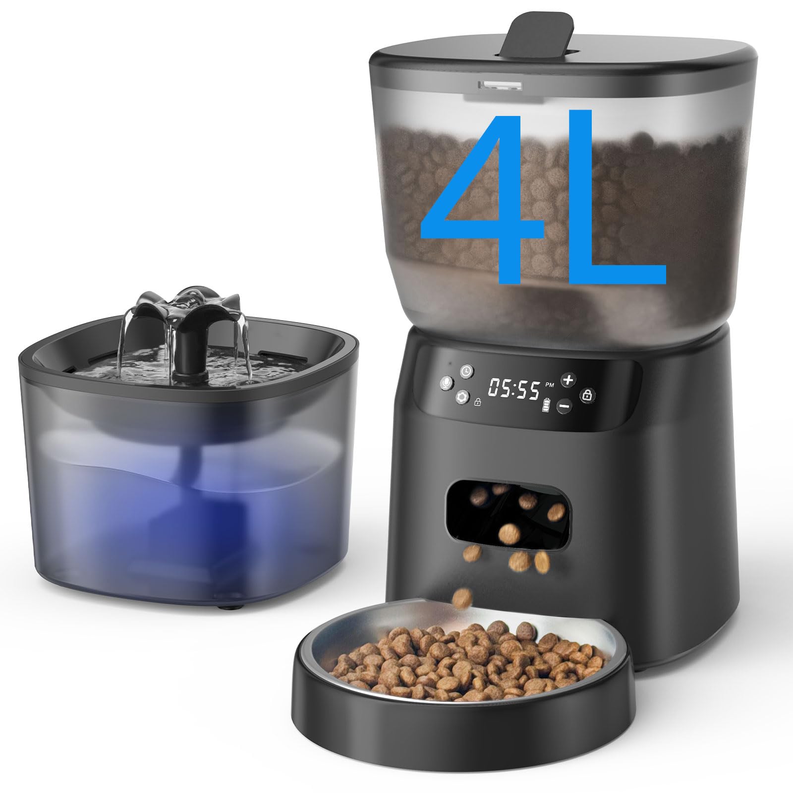 Photo 1 of ** MISSING CAT BOWL**Automatic Cat Feeder and Water Fountain, 4L/16 Cups Timed Cat Dry Food Dispenser, 10s Meal Call, 20 Portions 6 Meals Per Day, 2L Cats Fountains for Drinking with Filter, Pet Feeder for Dog Black