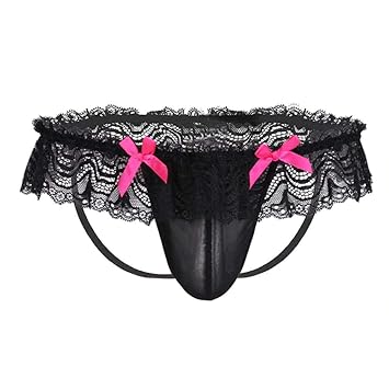 EROSPA® Femininer Jock mit Rüschen-Spitze Rosa Schleifchen und Jockstraps - Herren Männer Dessous - Schwarz/Pink - Einheitsgr