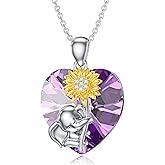 Lattd Elephant Necklace with Purple Heart Crystal 925 Sterling Silver Sunflower Elephant Pendant Necklaces Jewelry for Women