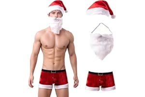 Evankin Men's Christmas Boxer Briefs Set, Sexy Santa Costume, Xmas Outfit Lingerie with Hat and Fake Beard