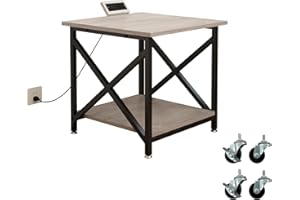 METYERRY Large Printer Stand with Power Outlet, with Storage Shelf, 2 Tier Rolling Printer Cart with Industrial Wheels, 23.6 x 23.6 Inches Printer Table for Home Office,Greige