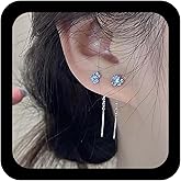 Andelaisi Boho Flower Ear Threader Earrings Vintage Iris Flower Dangle Earrings Blue Tiny Iris Drop Earring Minimalist Floral Chain Earring Jewelry for Women