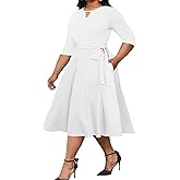 Runwind Plus Size Dresses, Women Casual Midi A-Line Swing Fit and Flare 3/4 Sleeve Wedding Guest Cocktail Church Dress