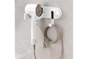 HAVICATO White Hair Dryer Holder, Wall-Mounted Blow Dryer Holder, Adhesive Hair Dryer Organizer with Cable Storage, Hair Tool Holder for Bathroom Vanity, Aluminum&ABS
