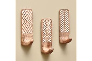 Indian Shelf Boho Decorative Wood Adhesive Wall Hooks for Coats – 3 Hooks 6 Strips, Waterproof, Rustproof Towel Holder, No-Drill Hangers for Bathroom & Kitchen – Cute Key Holder for Wall