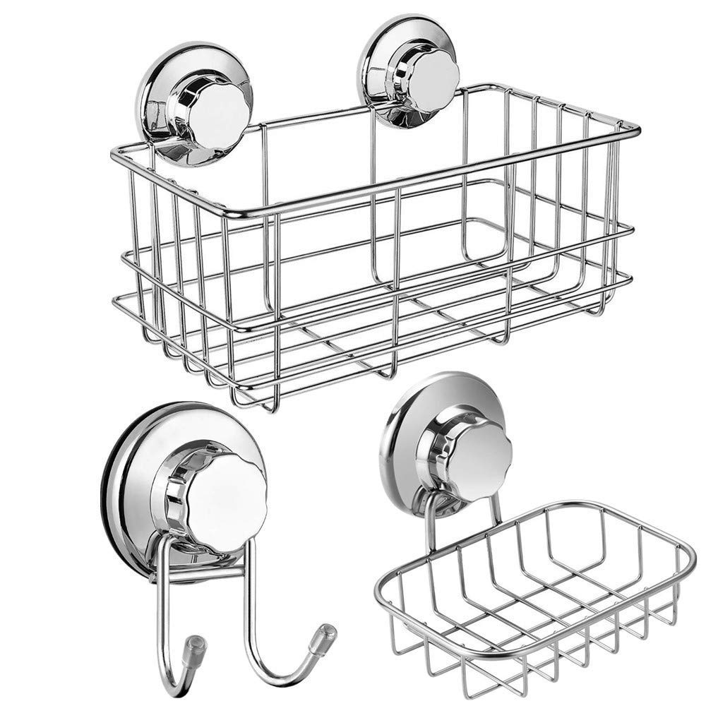 SANNO Suction Cups Shower Caddy Soap Dish Suction Hooks, Stainless Steel Bathroom Basket Bathroom Accessories Storage Organizer Wall Shelf Basket for Shampoo, Soap Dish Conditioner-Set of 3