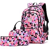 Bansusu 3Pcs Geometric Prints Primary School Student Satchel Shoulder Schoolbag for Middle School Girls Boys Backpack with Lu