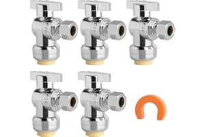 WiseWater 1/4 Turn Push Fit Angle Stop Valve, 1/2" Push x 3/8" OD Shut Off Water Valve with Disconnect Clip, Push to Connect 
