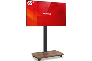 AOKCOS Rolling TV Stand, Portable Mobile TV Stand on Wheels for 32-65 Inch TV, 8 Level Height Adjustable, 12°Tilt & 60°Swivel Outdoor TV Floor Stand with Castors, Holds up to 88Lbs, Walnut