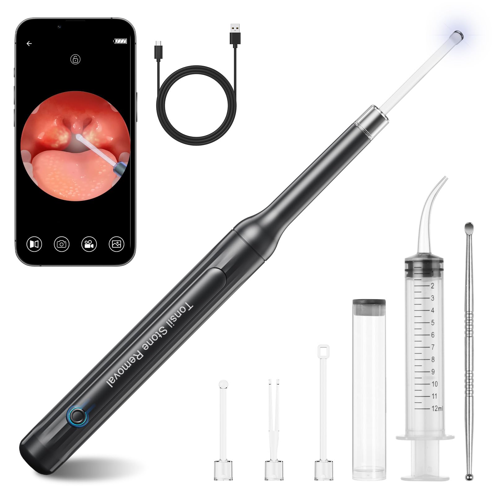 Photo 1 of Tonsil Stone Removal Kit with Camera - Visual Tonsil Stone Remover Tool with LED Light - Tonsillolith Removal Tool with 4 Head Attachments for iOS & Android - 6 Pieces (Black)