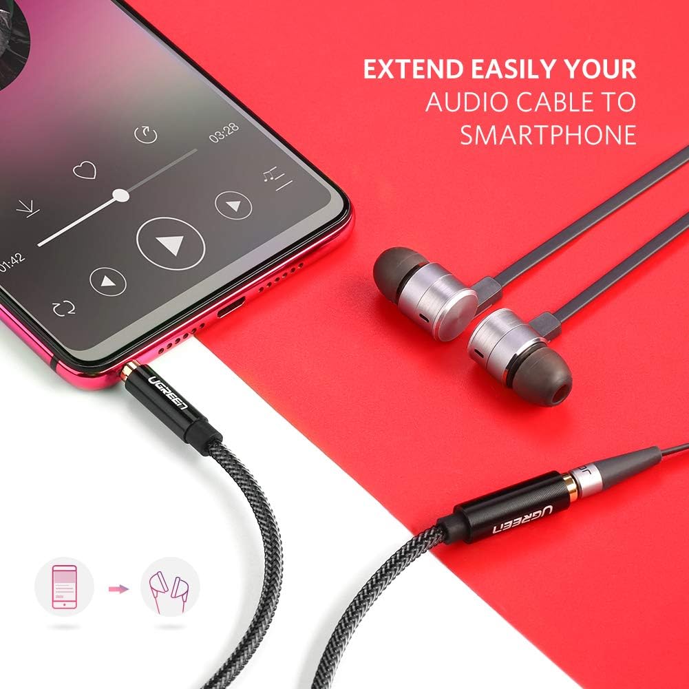 UGREEN Headphone Extension Cable, 3.5mm Audio Male to Female Stereo Extension Adapter Nylon Braided Cord Compatible for iPhone, iPad, Smartphones, Headphones, Tablets, Media Players, Gold-Plated 3FT: Electronics