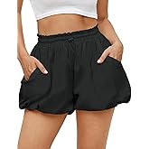 Fisoew Womens Summer Bubble Shorts Casual High Waisted Workout Puffy Shorts with Pockets Black