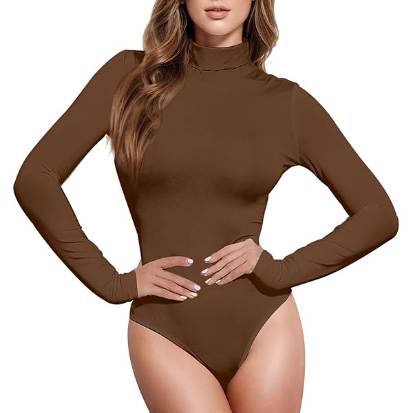 JUNZAN Autumn Brown Bodysuit Tops for Women High-Neck Snap Leotard