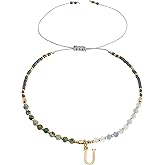 Frigotine Gold Beaded Natural Stone Initial Bracelets for Women, Boho Handmade Grey Black Personalized Turquoise Gemstone Beads Letter Name Adjustable Bracelet Bohemian Jewelry Gift
