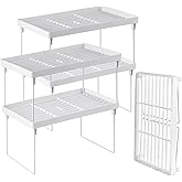NiHome 4-Pack Stackable Plastic Kitchen Storage Shelf Foldable Rack, White | Stackable Kitchen Cabinet Organizer and Storage Shelves, Expandable Storage Racks for Counter Cabinet Pantry