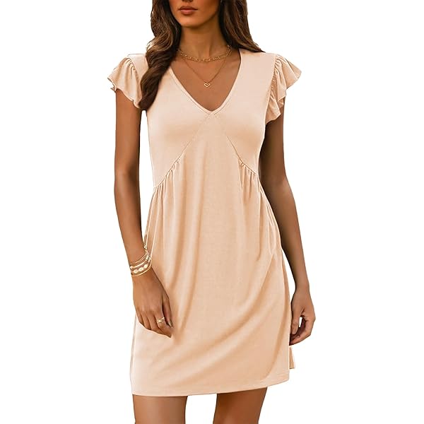 Women's Linen V-Neck Sundress - Ruffle Trim Sleeveless Mini Dress For Summer & Beach