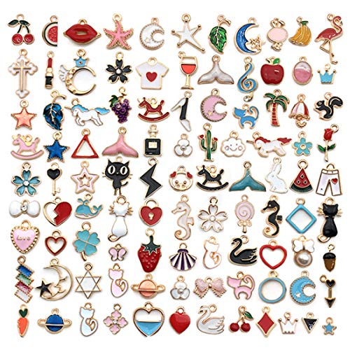 100PCS JIALEEY Assorted Gold Plated Enamel Animal Moon Star Fruit Charm