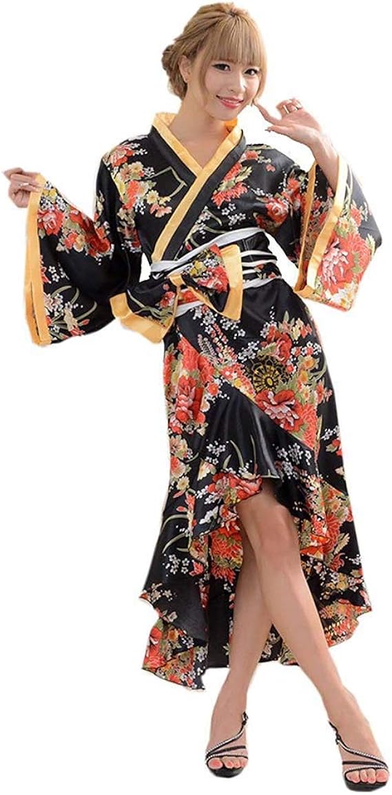 Amazon Co Jp 花魁 コスプレ 着物ドレス 花魁 コスプレ衣装 浴衣 祭り 結婚式 サテン ダンス衣装 よさこい衣装 裾フリル花魁着物ドレス ブラック 服 ファッション小物