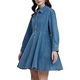 Women's Button Down Denim Mini Dress Long Sleeve Collared V-Neck Ruffle Hem Flowy Short Jean Dresses