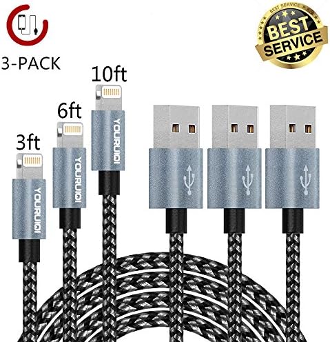 iPhone Charger,Youruiqi Lightning Cable,3Pack 3ft 6ft 10ft Nylon Braided 8Pin Lightning to High Speed Charging USB Cable Cord for iPhone 7/7 Plus/6/6s/6 Plus/6s Plus/5/5s/5c/SE and More(Black&amp;Gray)