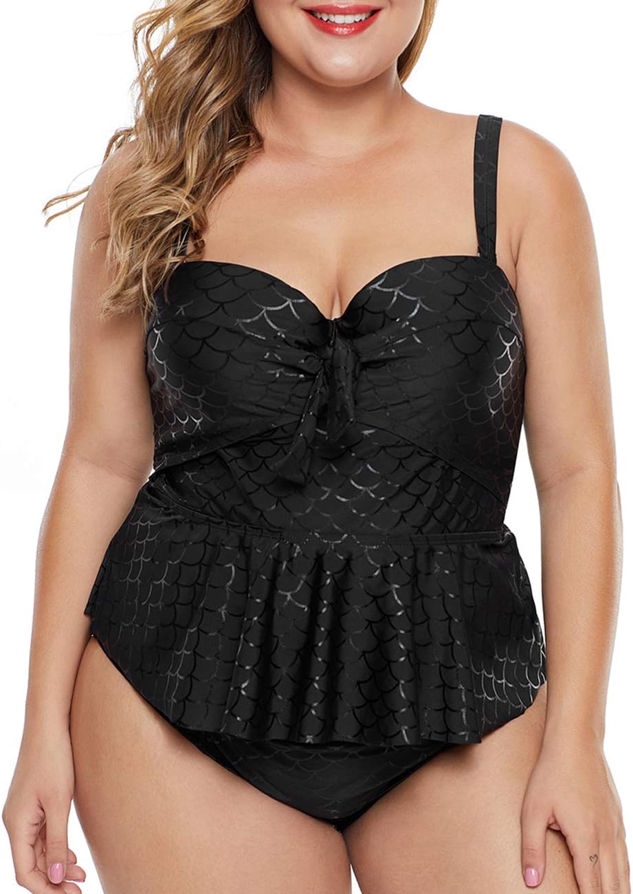 Womens Plus Size Halter Neck Peplum Tankini Two Piece Bathing Suit Swimwear Swimsuit(M-XXXL)