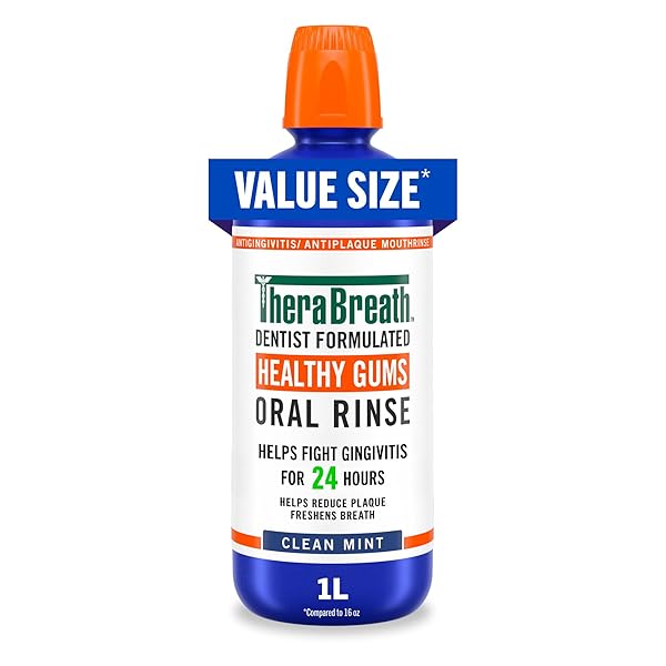 THERABREATH HEALTHY GUMS ORAL RINSE, ANTIGINGIVITIS, CLEAN MINT FLAVOR, DENTIST FORMULATED TO HELP PREVENT GINGIVITIS AND SUPPORT GUM HEALTH, ALCOHOL FREE, 1 LITER