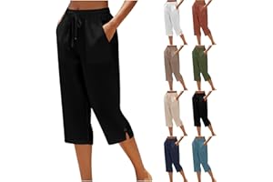 Womens Casual Capris Notch Button Side Bottom Solid Color Lightweight Cotton Loose Baggy Capri with Pocket
