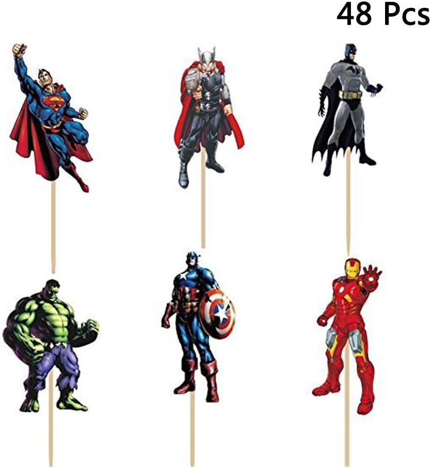 48 Pack The Avengers and Superheros Cupcake Toppers for Kids Birthday Party Baby Shower Cake Decorative