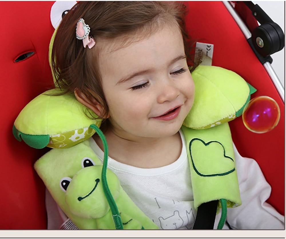 Baby Toddlers Head Neck Support Headrest and Safety Belt Cover Strap - Cartoon Green Frog - 1-4 Year