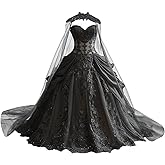 Mauuwy Gothic Weeding Dresses for Brides Black Lace Applique Bridal Dresses Embroidery Tiered Tulle Wedding Gown with Cape