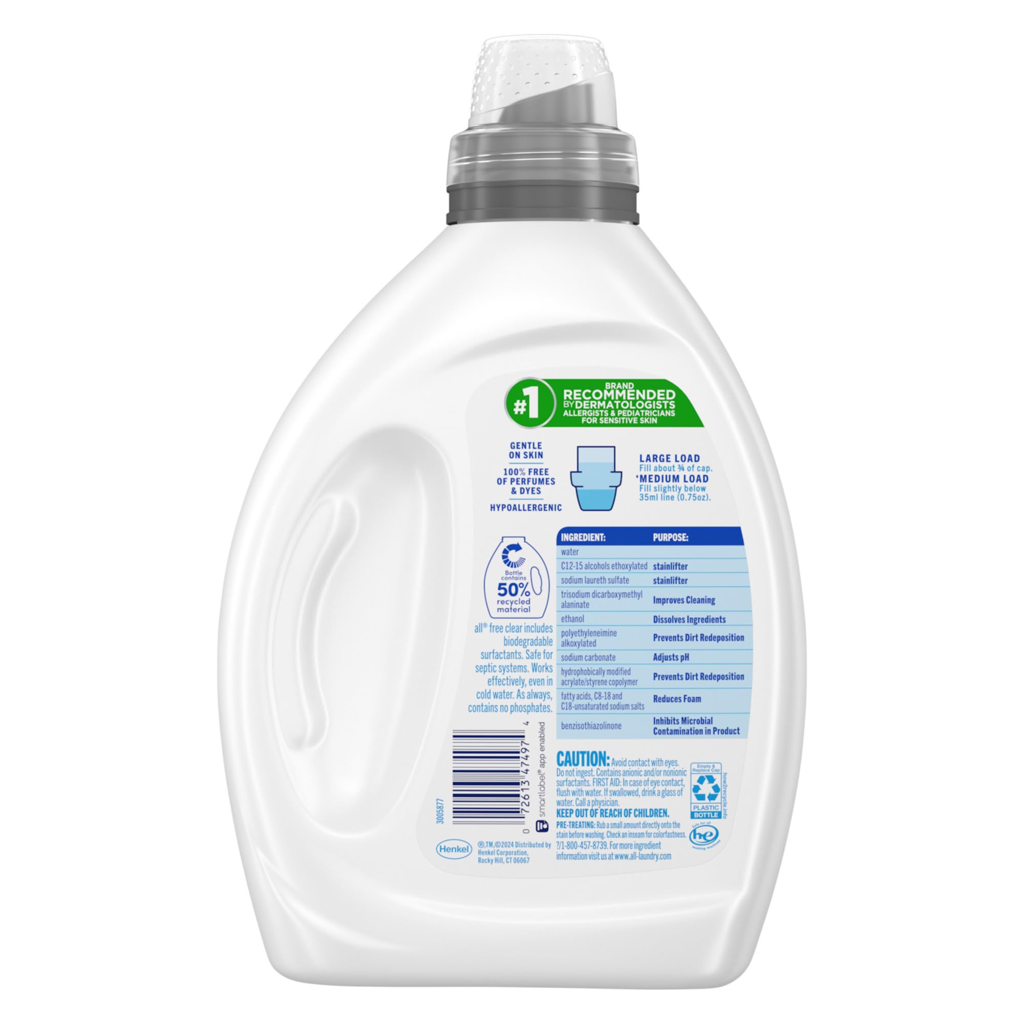 all free clear, Original, Liquid Laundry Detergent for Sensitive Skin, Unscented and Hypoallergenic, Concentrated, 50oz, 64 Loads