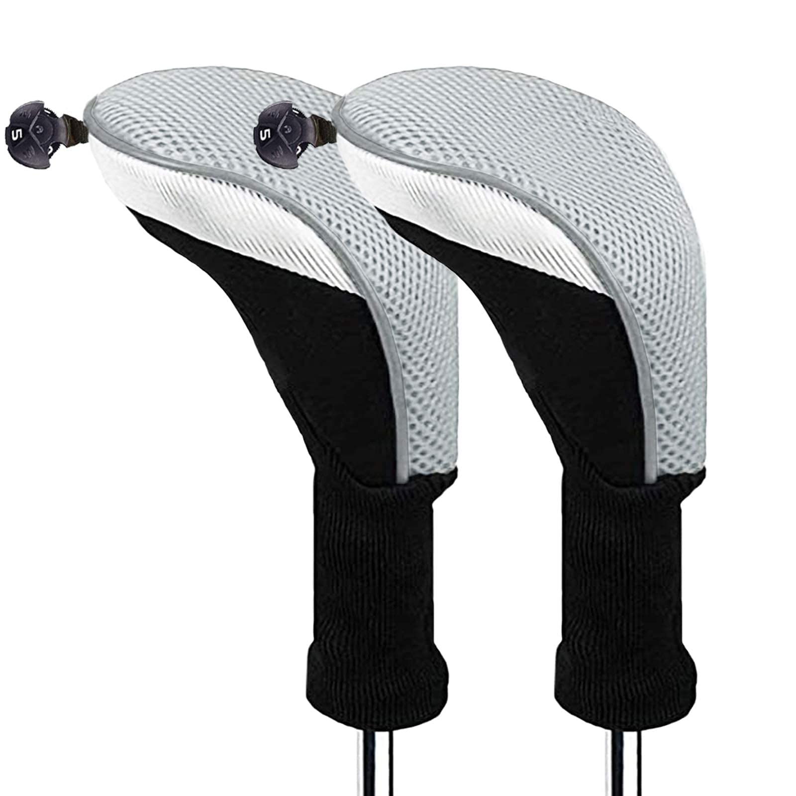 FINGER TEN Golf Club Head Covers Woods Hybrids Long Cover, Headcovers with Interchangeable No. Tags Fit All Hybrids Wood Clubs Light Durable (Grey-2 Pack Hybrid Covers)