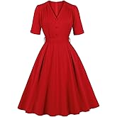 Wellwits Women's Half Sleeves Ruched V Neck Work Cocktail Vintage Dress